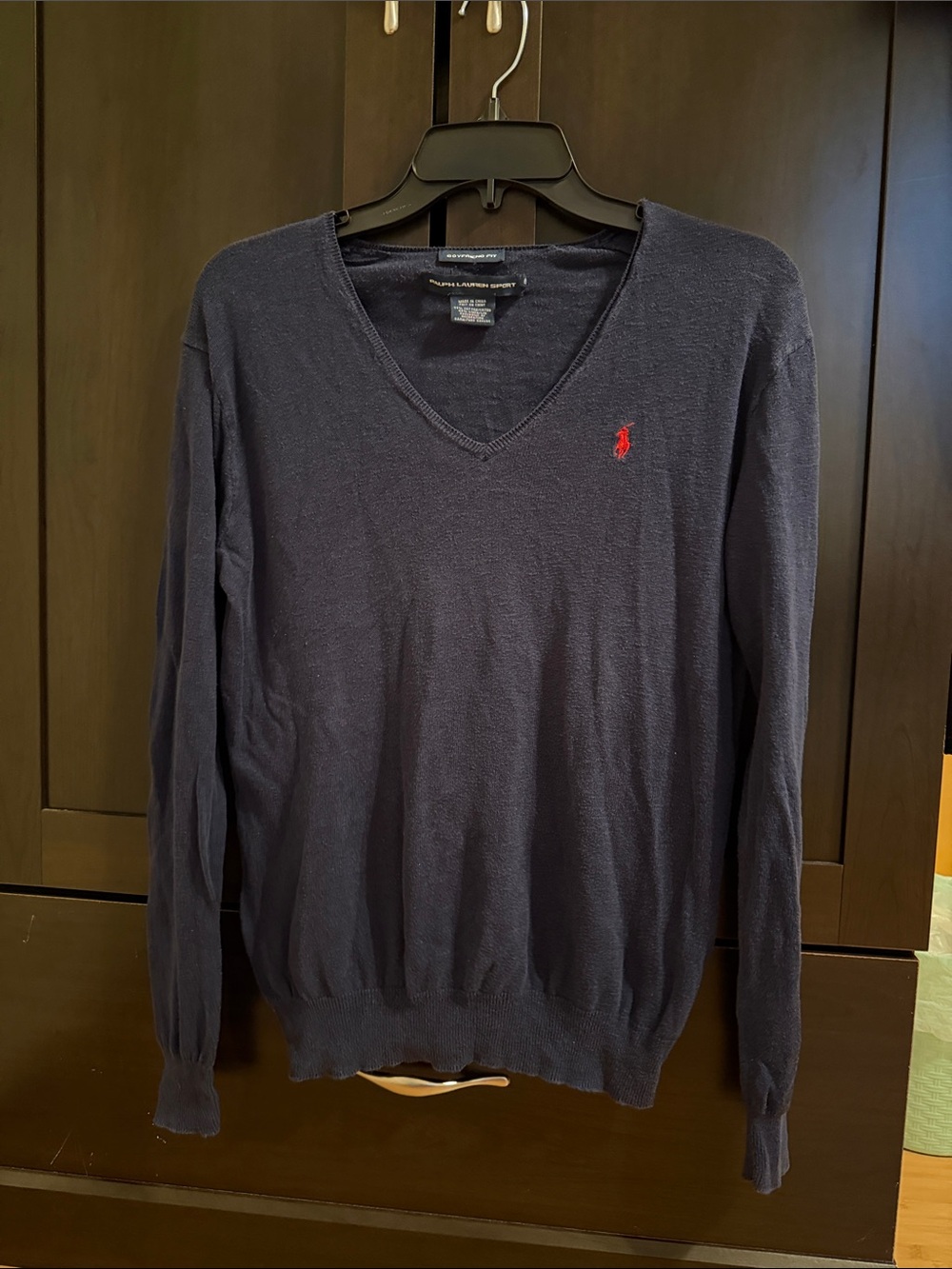 RALPH LAUREN Navy V-Neck Sweater with Red Pony